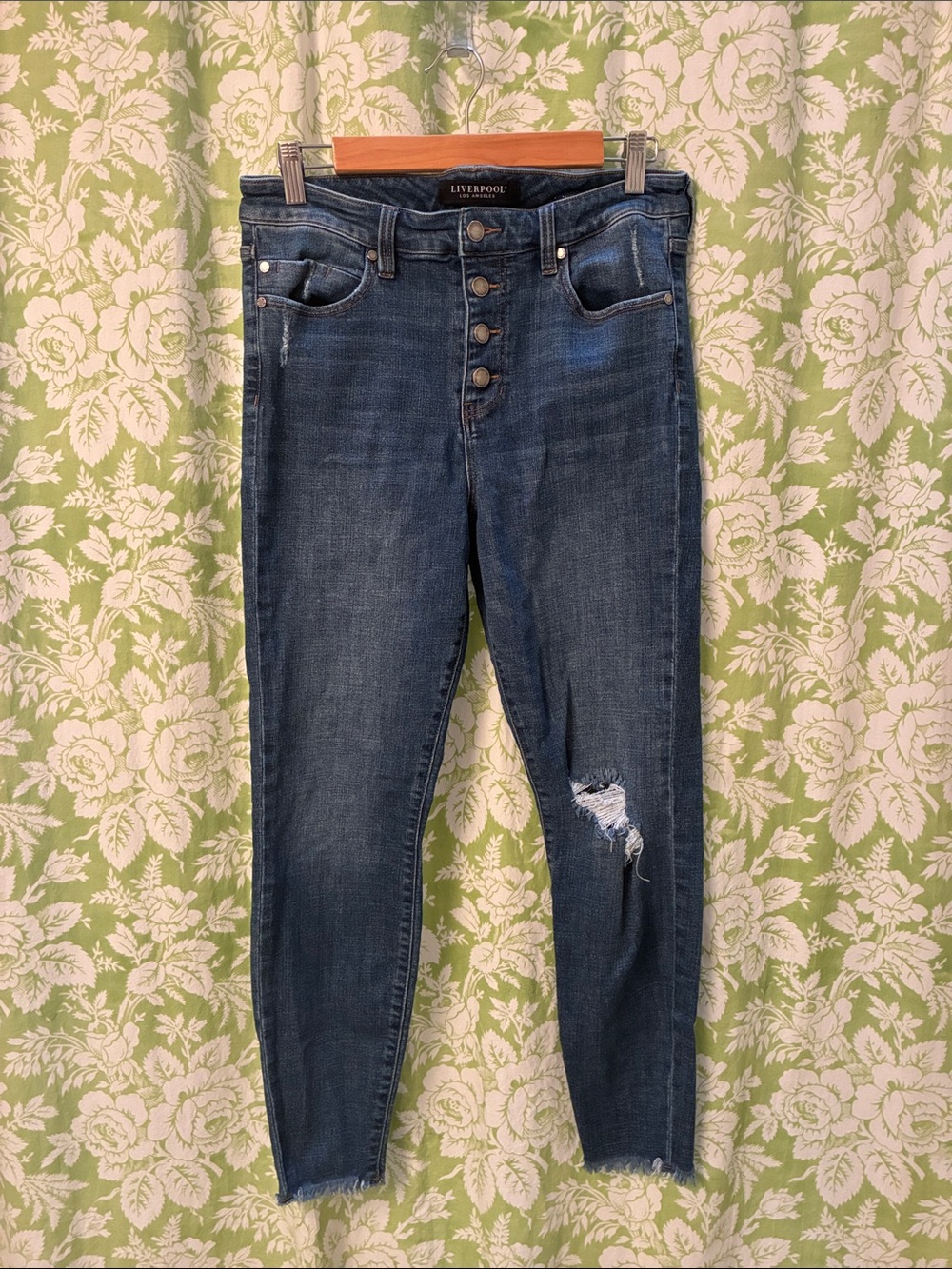 Liverpool Button-Fly High-Rise Skinny Jeans - Dark Blue